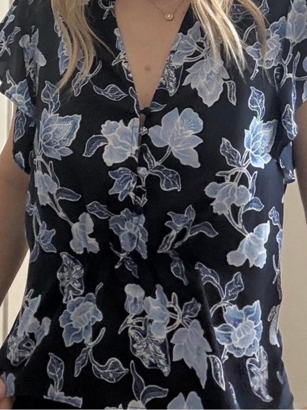 Joie Crisbell Floral Print Henley Silk V-Neck Top Midnight
